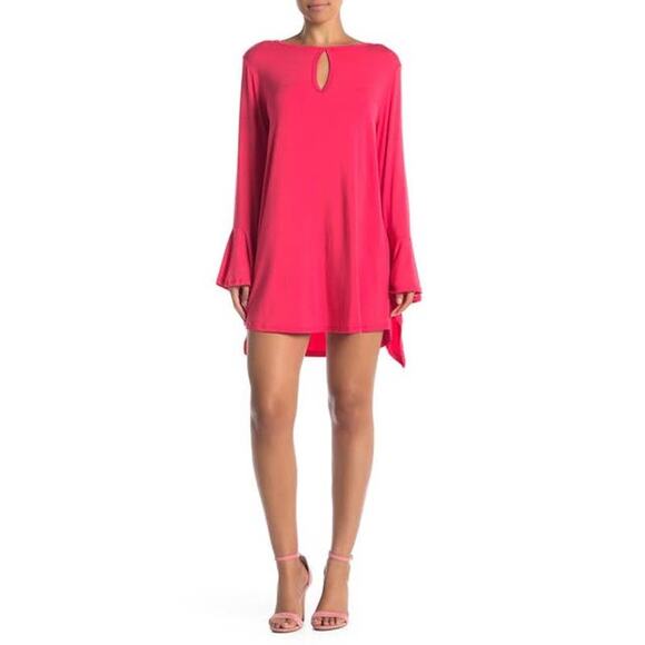 Go Couture Pink  Keyhole Long Bell Sleeve Tunic Top Mini Dress M - Picture 1 of 6